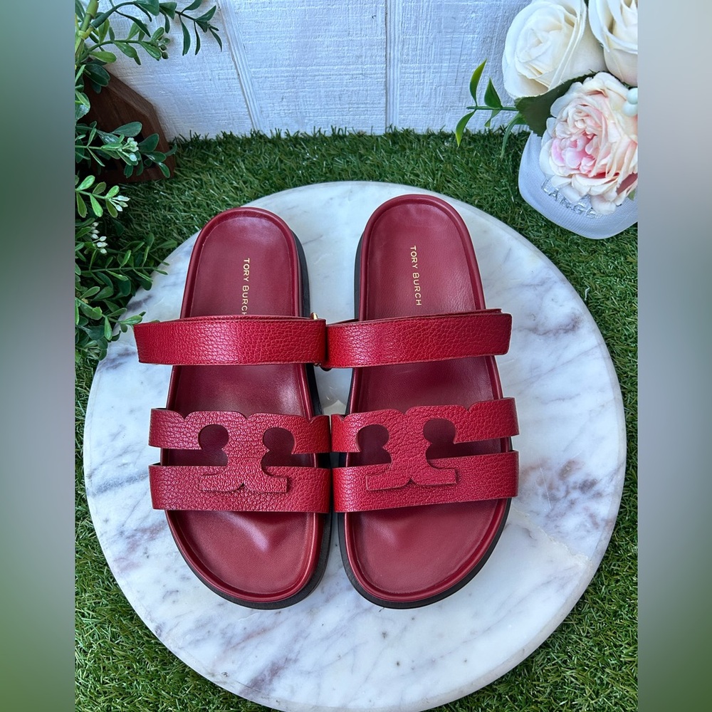 Tory Burch InesRed Leather Double-Strap Logo Slide Sandals - Picture 15 of 16